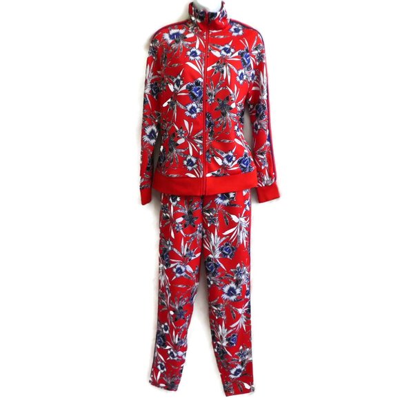 Massey's Track Set Hawaiian Floral Blue Red Pockets Zip Front Red Racing Stripes - Picture 6 of 14